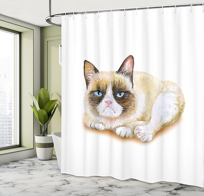 Ambesonne Animal Shower Curtain, Grumpy Siamese Cat Angry Paws Kitten Moody Love Art Print Watercolor Look Print, Cloth Fabric Bathroom Decor Set with Hooks, 69" W x 70" L, Beige and Brown