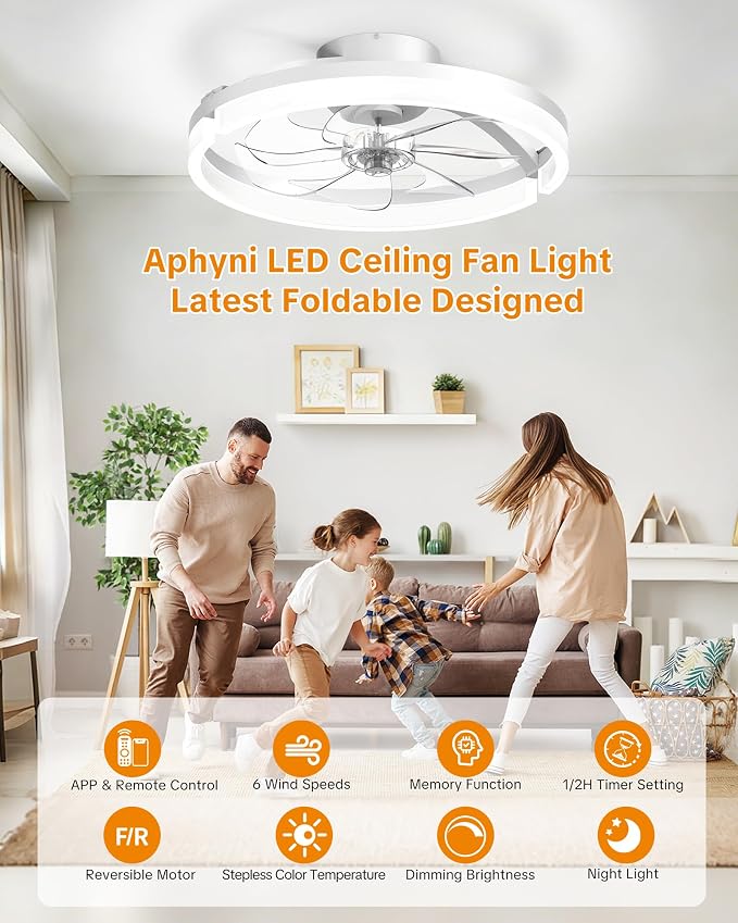 Ceiling Fans with Lights and Remote, Low Profile Ceiling Fan, Morden Flush Mount LED Fan Light, 3000K-6500K Dimmable for Bedroom, Kitchen, Living Room, Frosted, White