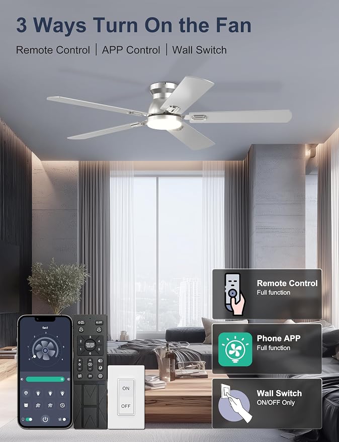 52'' Silver Flush Mount Ceiling Fan with Lights for Bedroom | App/Remote Control, Low Profile, Space-Saving, Quiet DC Motor, 3CCT Dimmable, 6 Speeds Modern Overhead Fan for Low Ceilings