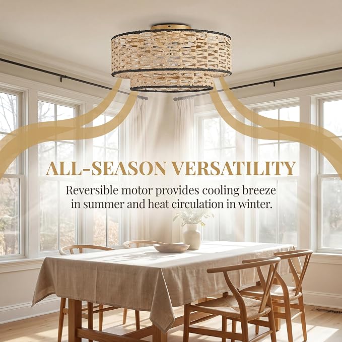 20" Boho Ceiling Fan Light with Remote Control, Double Layer Hand Woven Toast-Colored Rattan with Black Trim Flush Mount Fan Light with Lights for Bedroom, Living Room, Kitchen