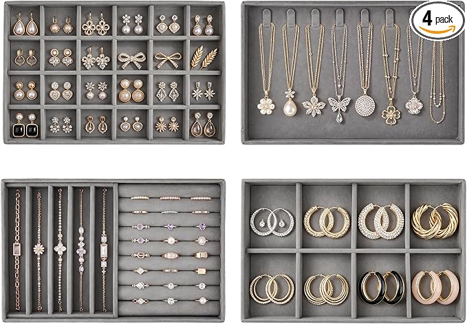 Jewelry Organizer for Drawer, Velvet Jewelry Drawer Organizer Inserts, 4-Layer Grey Stackable Jewelry Trays for Rings Earrings Necklaces Bracelets with Removable Dividers for Dresser Vanity
