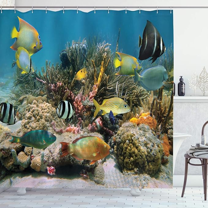 Ambesonne Ocean Shower Curtain, Colorful Coral Colony on Reef Shoal of Tropical Fish Caribbean Sea Picture, Cloth Fabric Bathroom Decor Set with Hooks, 69" W x 75" L, Grey Charcoal