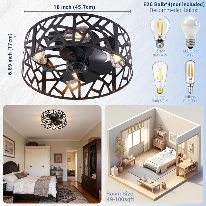 18 inch Caged Ceiling Fan with Light Vintage Black,Flush Mount Fandelier Ceiling Fan with Lights and Remote,Farmhouse Ceiling Fans for Bedroom, Kitchen, Living Room