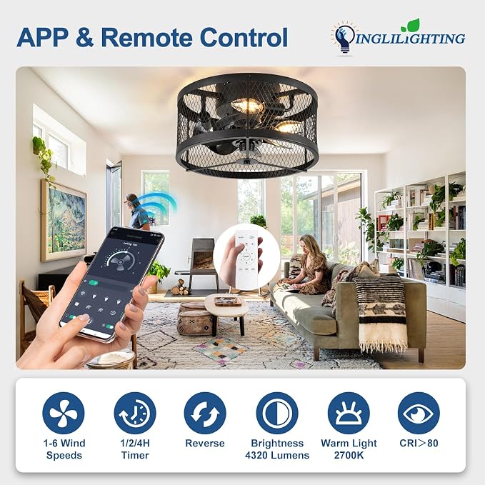DLLT Caged Ceiling Fans with Light: 13" Small Outdoor Farmhouse Ceiling Fan with Remote App Control - Black Rustic Semi Flush Mount Bladeless Enclosed Fan for Bedroon Kitchen E12 Bulbs Not Included