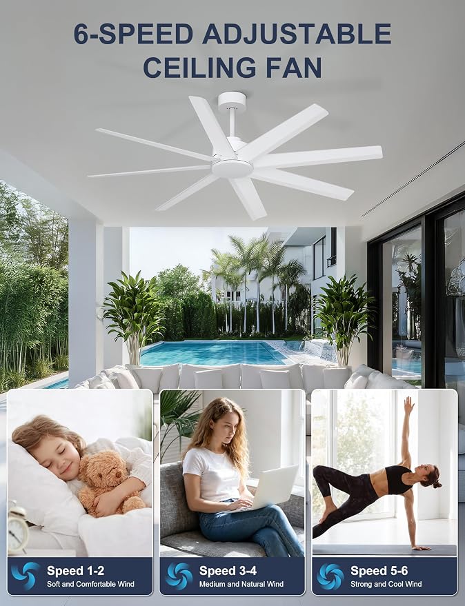Ohniyou 60" Modern Ceiling Fan With No Light for Patio, Porch, Deck | Remote/App Control, Quiet DC Motor, Covered Outdoor Fan with 8 ABS Blades, , white