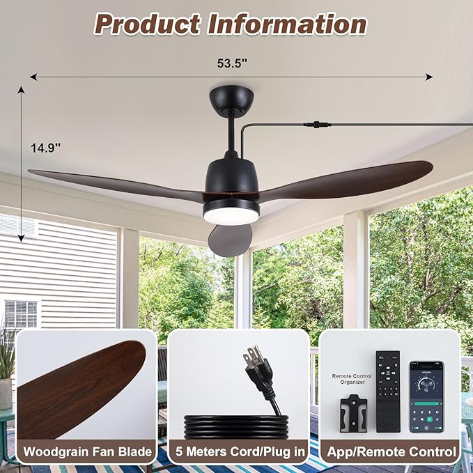 52" Outdoor Ceiling-Fan with Light: Plug-in Waterproof Hanging Fans, App/Remote Control, Reversible 6-Speed Quiet DC Motor, 3CCT, for Patio Porch Pergola