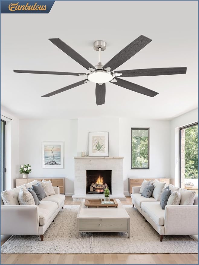 Fanbulous 72 Inch Large Ceiling Fans with Lights, Nickel Modern Ceiling Fan with Quiet DC Motor, 3CCT, Indoor/Outdoor Ceiling Fan with Dual Finish Reversible 7 Blades, Timer for Living Room, Patio