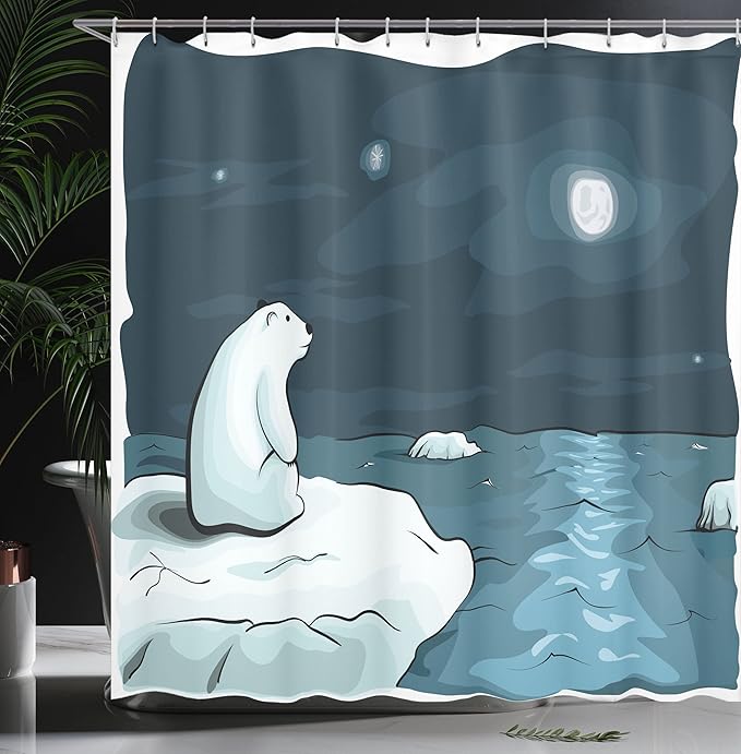 Ambesonne Winter Shower Curtain, Cartoon Style Hand Drawn Polar Bear in The Arctic Staring at The Moon Image Print, Cloth Fabric Bathroom Decor Set with Hooks, 69" W x 84" L, Petrol Blue