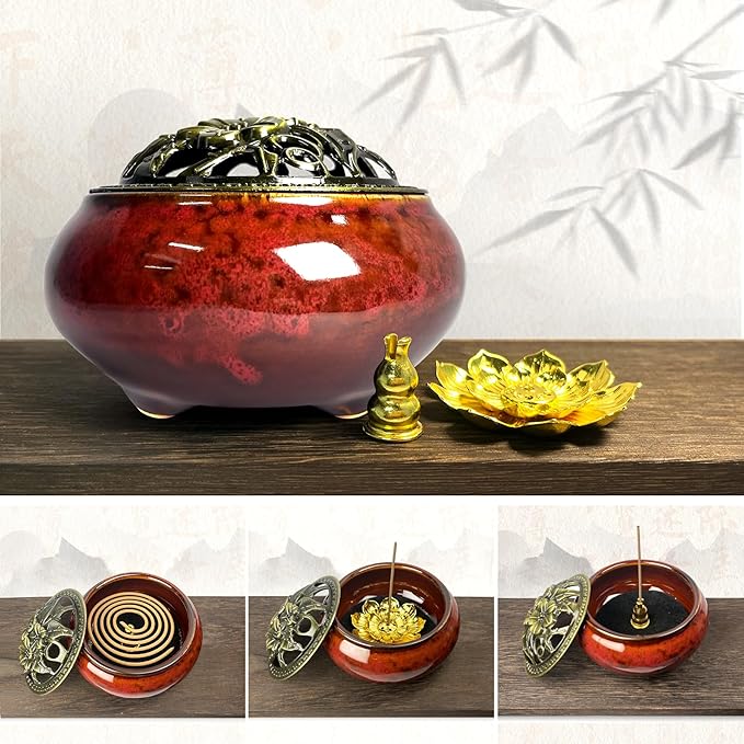 Ceramic Incense Burner, Bowl Burner,Cone Incense Burner with Brass lid for use with Stick or Cone-Shaped Incense，Lotus Incense Stick Holder Calabash Incense Stick Holder, 3pc (Fambe Red)