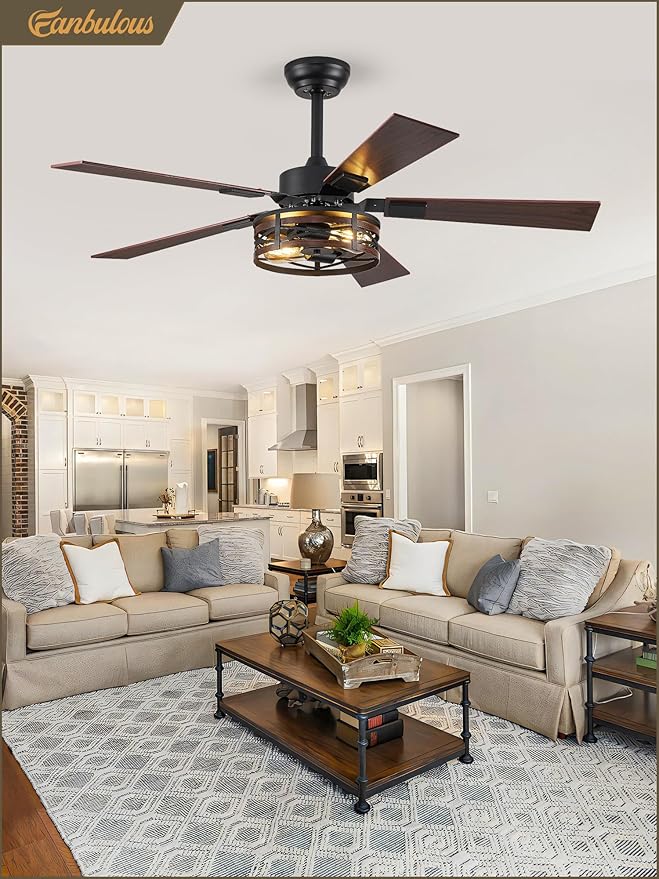 Fanbulous Farmhouse Ceiling Fans with Light, 48 Inch Bedroom Ceiling Fan with Lights, 6-Speed Adjustable, Quiet and Reversible DC Motor, Dual Finish 5 Blades, Rustic Caged Ceiling Fan for Living Room
