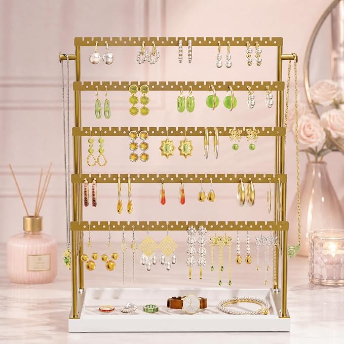 Large 5 Tier Earring Organizer and Holder, Gold | 100+ pair earring display, jewelry organizer stand, elegant gold finish, perfect for vanity décor and boutique displays