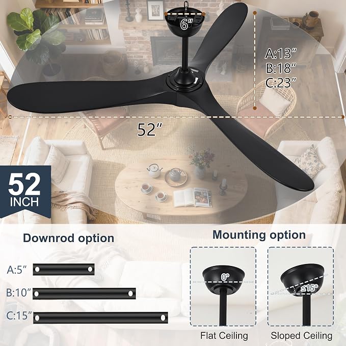 52 Inch Black Outdoor Ceiling Fan No Light, 3 Blade Wood Propeller Ceiling Fans for Patios, Wet Rated Indoor Ceiling Fan without Light for Living Room Bedroom with Remote