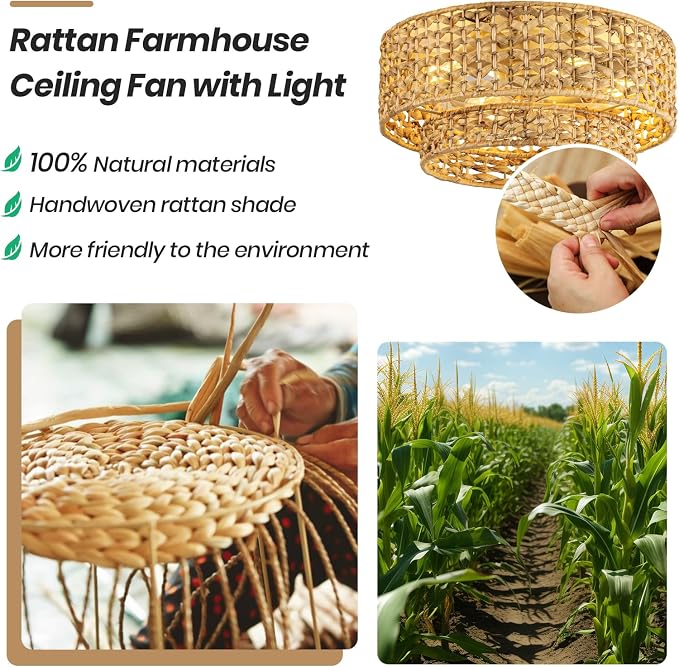 Boho Caged Ceiling Fan with Lights Flush Mount,Handwoven Layered Rattan Fandelier ceiling fan with Remote Control Reversible 6-Speed Enclosed Ceiling Fan Light for Bedroom Living Room Nursery E26