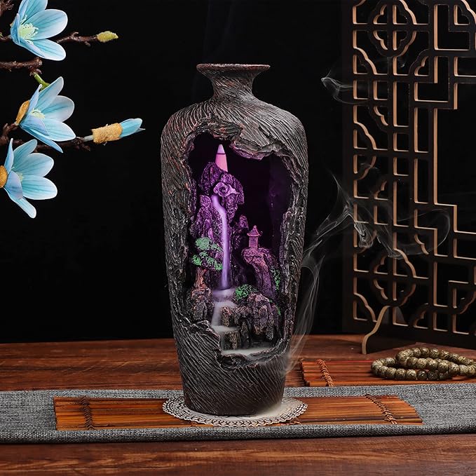 DOBEHOME Mountain Waterfall Incense Burner Backflow Incense Burner Incense Smoke Waterfall with 100 Backflow Incense Cones，Tweezer，Mat (Vase Shape)