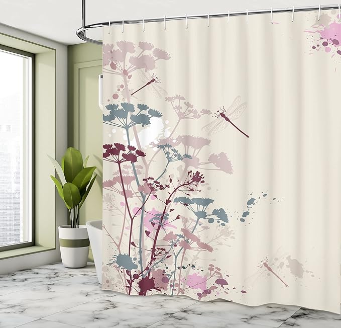 Ambesonne Dragonfly Shower Curtain, Plants Petals with Dragonfly Soft Color Design with Grunge Effects Vintage Style, Cloth Fabric Bathroom Decor Set with Hooks, 69" W x 70" L, Grey Yellow