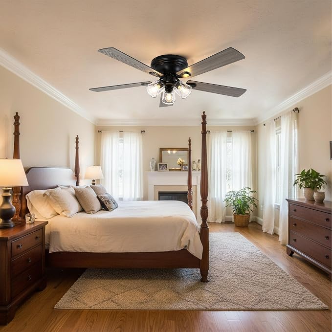 52" Flush Mount Ceiling Fan with Lights and Remote Control | Farmhouse Ceiling Fan with Light,Reversible Quiet DC Motor,5 Wood Blades,3 Clear Glass Lights for Bedroom Living Room Kitchen