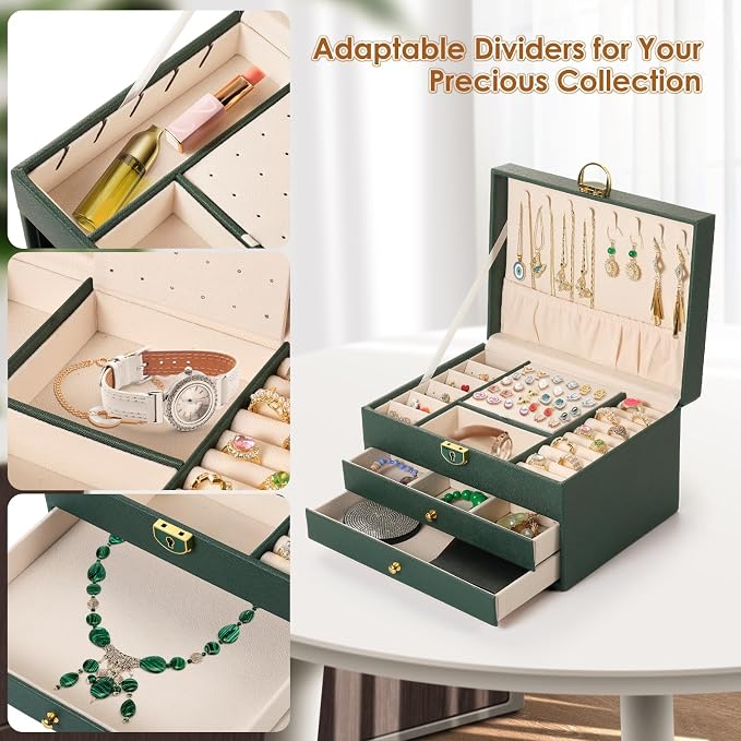 coobest 3 Layer Jewelry Box, Jewelry Holder Organizer with 2 Drawer Tray, Large boxes for Women Velvet Earring Organizer, Lockable & Organizers, Birthday Gifts for Women Mom, Green