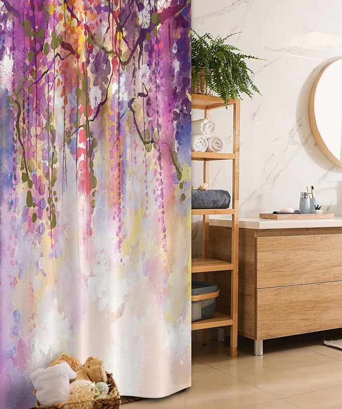 Ambesonne Japanese Stall Shower Curtain, Floral Country Style Watercolor Japanese Garden Flowers with Rain Backdrop, Fabric Bathroom Decor Set with Hooks, 36" W x 72" L, Peach Purple