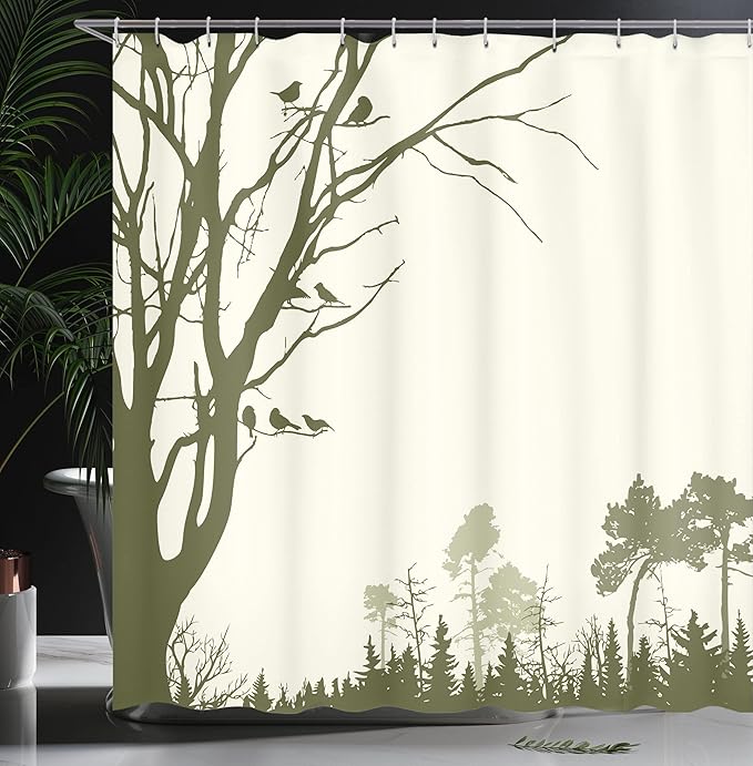 Ambesonne Forest Shower Curtain, Nature Theme The Panorama of a Forest Pattern Birds on Tree Branches Print, Cloth Fabric Bathroom Decor Set with Hooks, 69" W x 70" L, Olive Green
