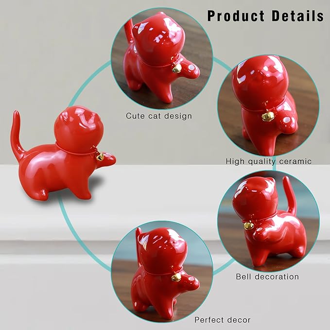 Cute Ceramic Cat Incense Stick Holder, Incense Burner Set, Large Beechwood Ash Catcher Copper Incense Stand Incense Sticks Brush, Meditation Yoga Massage Work Read Home Decor (A, C-Red)