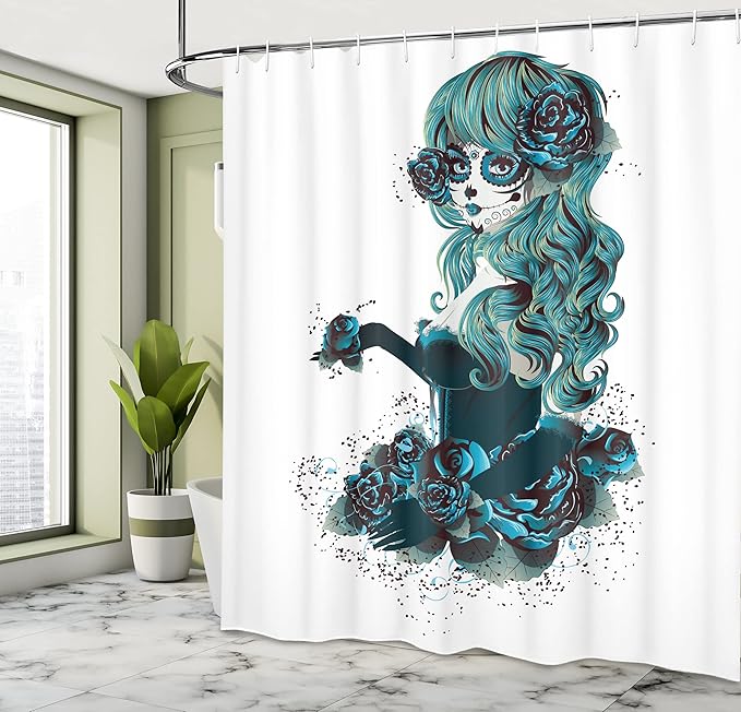 Ambesonne Skull Shower Curtain, Vintage Sugar Shape Girl Day of The Dead Bride Dark Color Roses Graphic, Cloth Fabric Bathroom Decor Set with Hooks, 69" W x 75" L, Petrol Blue White