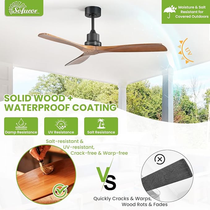 Sofucor 52 Inch Ceiling Fan No Light - Modern Solid Wood Ceiling Fan with Remote, 5000CFM High Airflow, Quiet DC Motor, 3 Rods & 6 Speeds, Timer & Reversible for Bedroom Living Room, ETL, Walnut