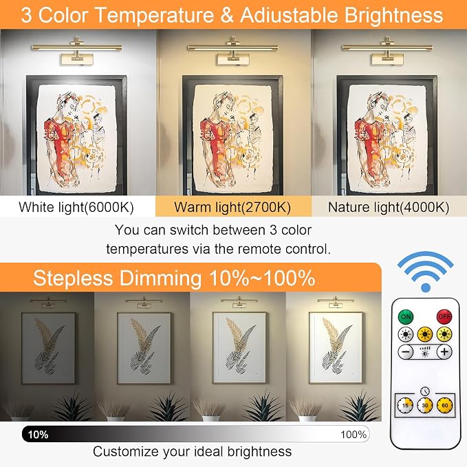 Tassuowell Wireless Picture Lights for Wall Rechargeable, Battery Operated Art Light for Paintings, 3CCT Dimmable, 15.7" Brass Finish with Remote, Rotatable Gallery Light for Pictures Display