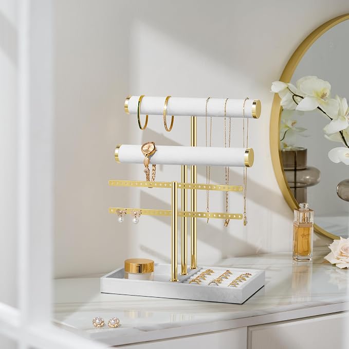 Jewelry Organizer Stand for Necklaces, Bracelets, Earrings, Rings, White | 3 Tier Velvet Bracelet Holder Display | Jewelry Organizers and Storage | Jewelry Tree | Jewelry Towers