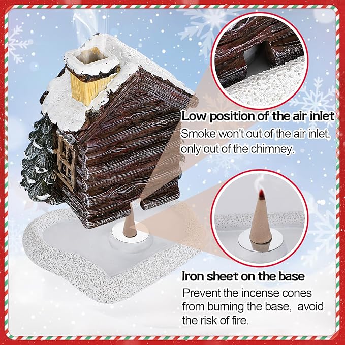 Christmas Log Cabin Incense Burner - Christmas Village Houses with 2 Incense Cones, Resin Incense Cone Holder for Home Room Table Fireplace Decorations, Brown