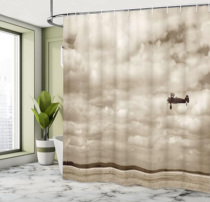 Ambesonne Vintage Airplane Shower Curtain, Airplane Dramatic Cloudy Skies Aviation Flyby Obsolete Composition Print, Cloth Fabric Bathroom Decor Set with Hooks, 69" W x 70" L, Sepia