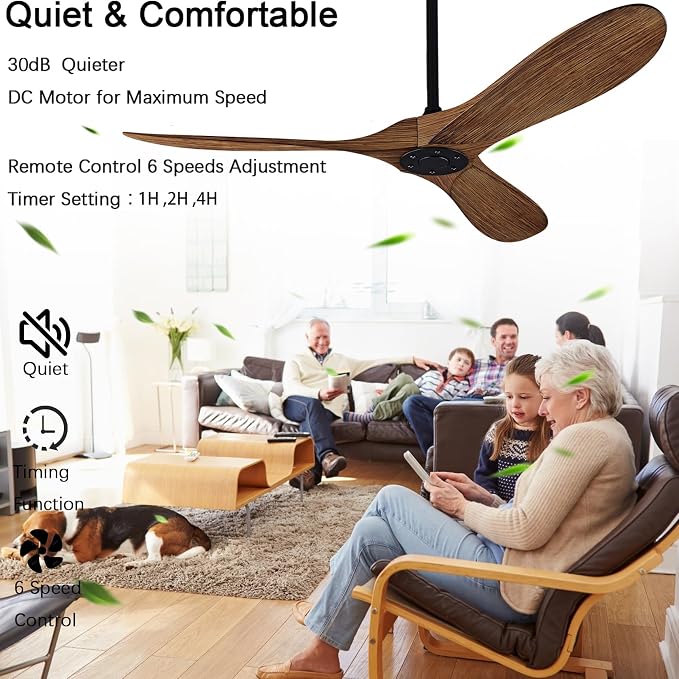 QUTWOB 52" Ceiling Fan with Remote Control No Lights,Modern Reversible DC Motor Indoor Outdoor 3 Blades Ceiling Fans for Patio Bedroom Living Room(Black+Dark Walnut)