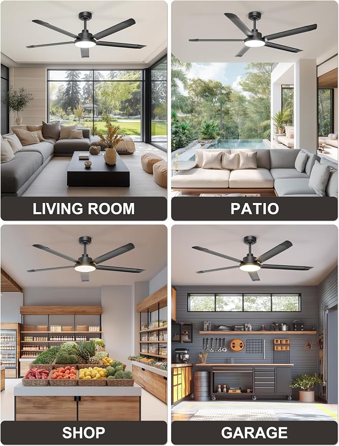 Ohniyou 60'' Ceiling Fan with Lights, Industrial Ceiling Fan with 5 Aluminum Blades, App/Remote Controlled, Dimmable, for Outdoor Patio, Garage, Black