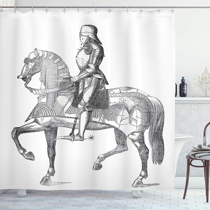 Ambesonne Medieval Shower Curtain, Retro Vintage Illustration of Middle Age Renaissance Knight on The Horse, Cloth Fabric Bathroom Decor Set with Hooks, 69" W x 75" L, White Grey