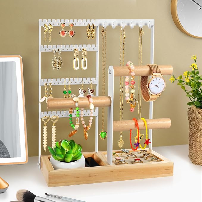 Godboat Jewelry Stand - 48 Holes Earring Holder, 4-Tier Necklace Organizer | 6 Hooks Jewelry Organizers and Storage, Bracelet Ring Rack with Wood Box, Preppy Gift Room Decor for Teen Girls Women, White