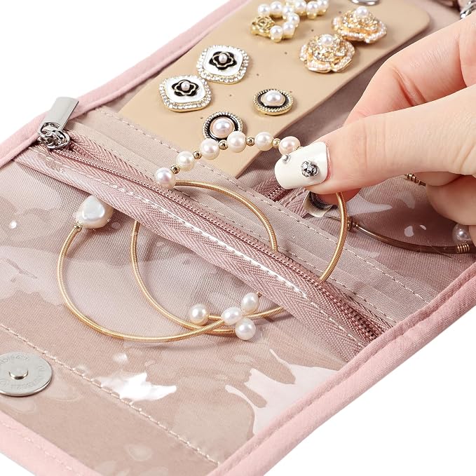 BELALIFE Travel Jewelry Case, Jewelry Organizer Roll for Accessories | Bag with foldable roll design for earrings, necklaces, rings, bracelets and brooches,Pink