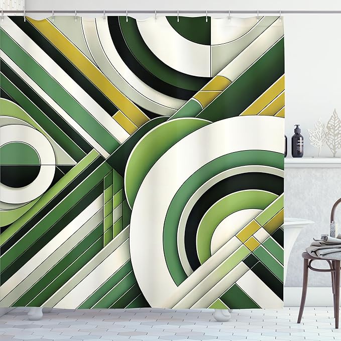 Ambesonne Green Shower Curtain, Mid Century Modern Boho Style Geometric Rounds and Lime Tone Lines Abstract Art, Cloth Fabric Bathroom Decor Set with Hooks, 69" W x 75" L, Eggshell Khaki