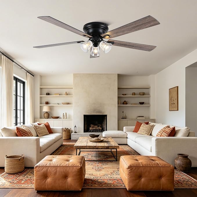 60'' Flush Mount Ceiling Fan with Light and Remote Control | 3 Clear Seeded Glass Light Fixtures,6 Speed Reversible DC Motor,Ceiling Fan with Light forCovered Porch Great Room Villa