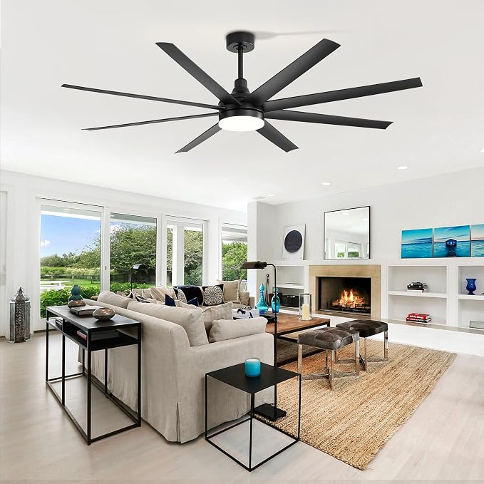 72" Black Ceiling Fans with Lights and Remote, 8 ABS Blades, 6-Speed Reversible DC Motor, 2 Downrods, 3 Color Led Light, Large Industrial Indoor Ceiling Fan Fandeliers for Bedroom Living Dining Room