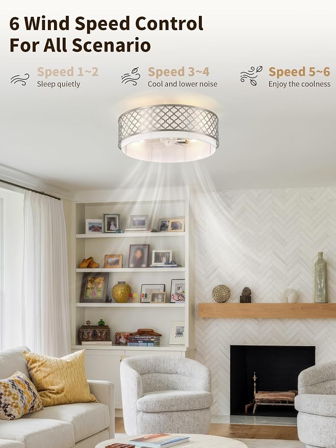 20" Silver Flush Mount Ceiling Fan with Light, Boho Ceiling Fans with Lights Low Profile, Enclosed with Remote Control 6 Speeds for Living Room, Bedroom, Nursery