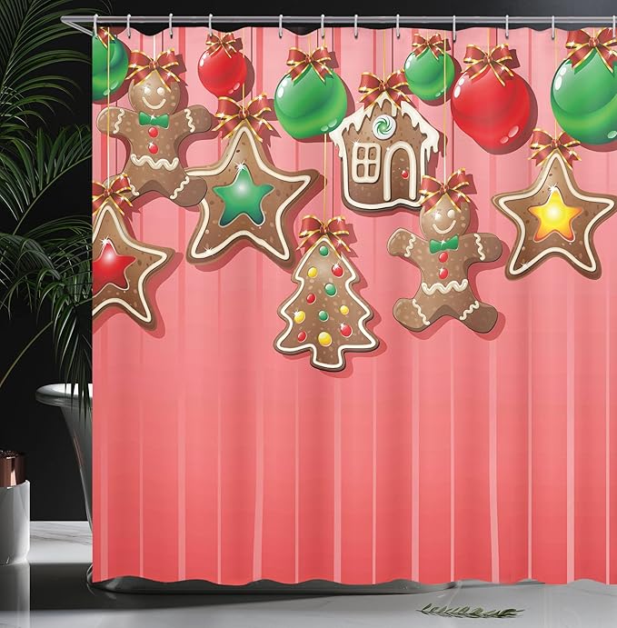 Ambesonne Gingerbread Man Shower Curtain, Christmas Cookies and Baubles Bowties Symbolic Pastry Design, Cloth Fabric Bathroom Decor Set with Hooks, 69" W x 70" L, Pale Ruby