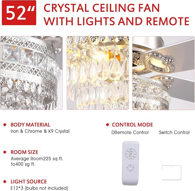 GJeg Crystal Ceiling Fan Fandelier with Lights - Retro Outdoor Fans with Remote Control, Farmhouse Ceiling Fan with Noiseless AC Reversible Motor,Dining Room,Living Room(52" Silver)