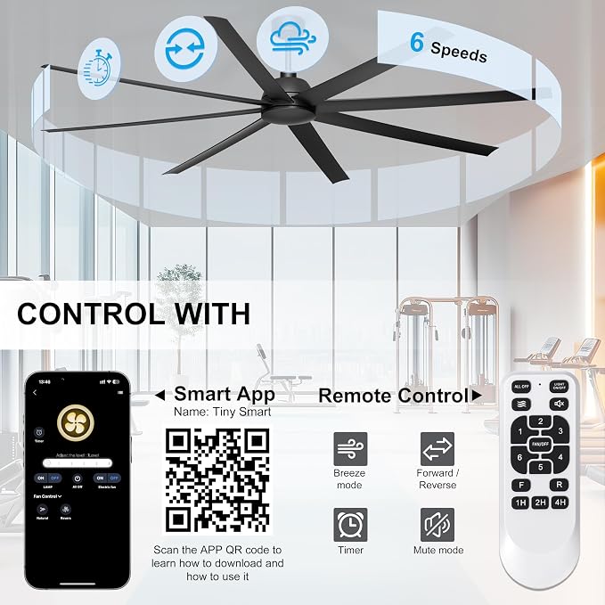 84'' Ceiling Fans No Light - Remote & APP Control, Large Industrial DC Motor Fan for Covered Outdoor Patios, Shop, Garage, Black without Light