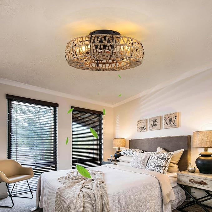 20 Inch Boho Caged Bladeless Ceiling Fan with Light,Flush Mount Rattan Fandelier Ceiling Fans Lights and Remote Contro,Enclosed 6 Speeds Low Profile Farmhouse Fan Light for Bedroom,Kitchen,Living Room