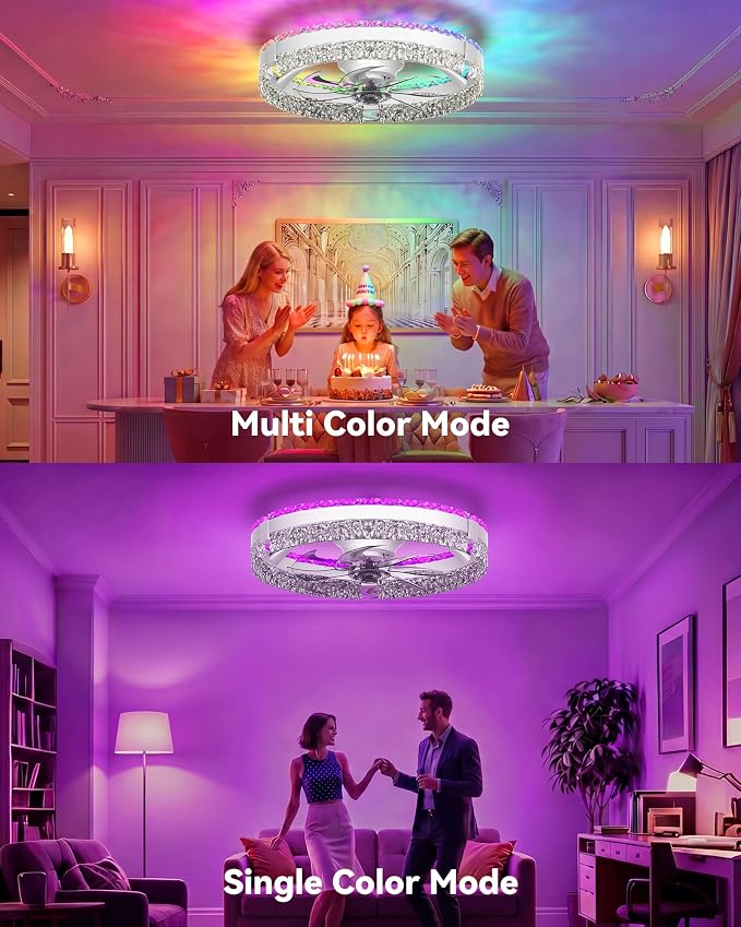 RGB Low Profile Ceiling Fan with Lights, Ceiling Fans with Lights and Remote, 3000-6500K Dimmable Modern Flush Mount LED Fan Lights, 6 Wind Speeds Ceiling Fans for Bedroom(White-Cream)