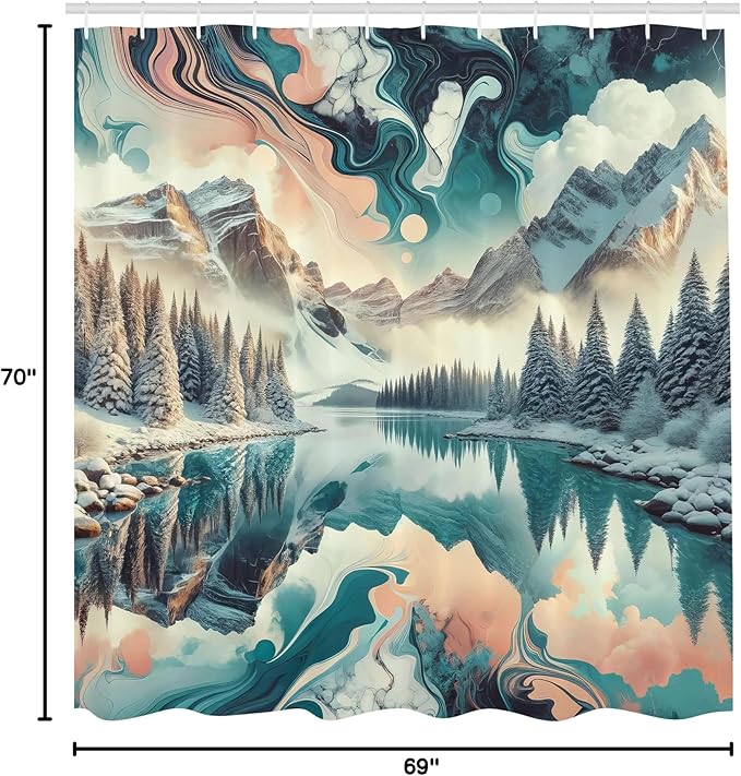Ambesonne Lake Shower Curtain, Watercolor Effect Dreamy Vibe Woodland and Mountain Scene Print with Clouds, Cloth Fabric Bathroom Decor Set with Hooks, 69" W x 70" L, Cadet Blue Peach Teal