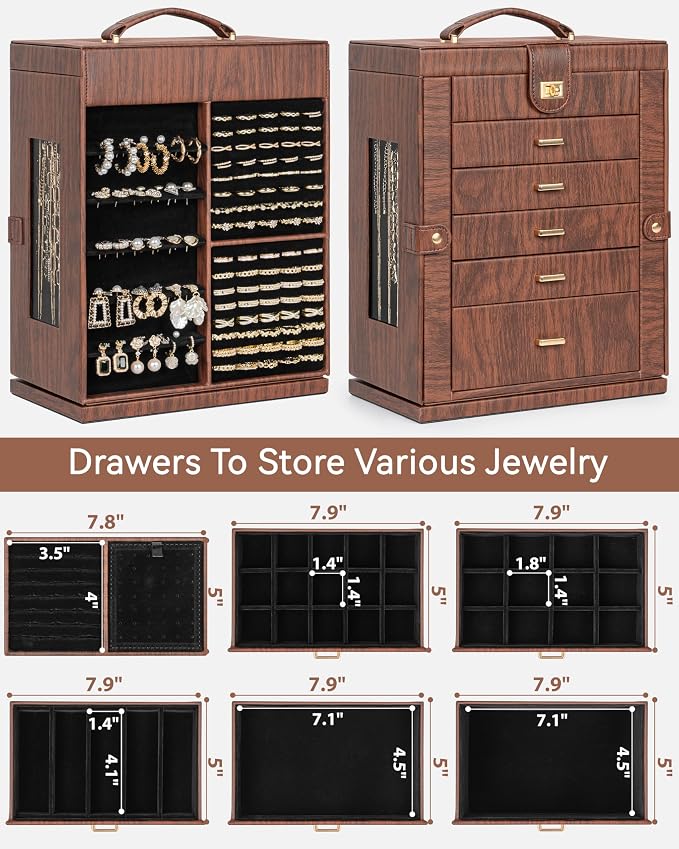 AKOZLIN 6-Tier Jewelry Box Organizer Functional 5 Drawers Leather Jewelry Storage Case for Women Girls Ring Necklace Earring Bracelet Holder Organizer with Mirror XL Red 360° Rotating