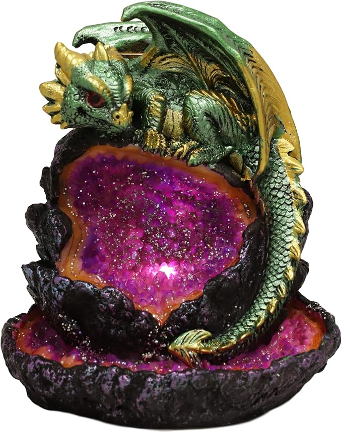 Ebros 5.5" Tall Andromeda Galaxy Wyrmling Dragon On Crystal Geode Rock Backflow Incense Cone Burner Statue with LED Night Light Dungeons Dragons Fantasy Decor Accent
