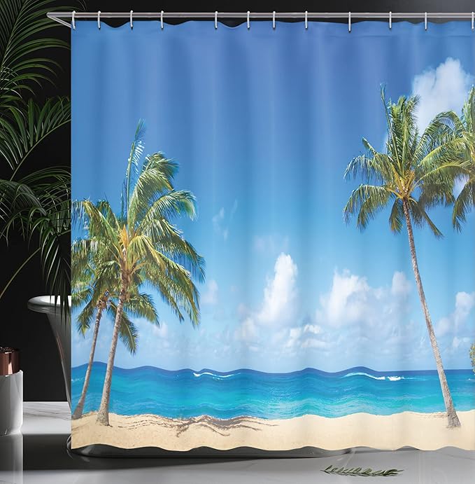 Ambesonne Hawaiian Shower Curtain, Windy Exotic Island with Tropical Trees Calm Beachy Theme Ocean Photography Print, Cloth Fabric Bathroom Decor Set with Hooks, 69" W x 84" L, Green Grey