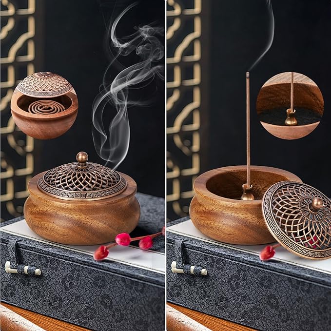 2 Pack Incense Cone Holder, Retro Wooden Cone Incense Burner Holder with Brass Cover, Vintage Bakhoor Burner for Sticks Coil, Frankincense Room Home Decor Yoga Spa Meditation (P)