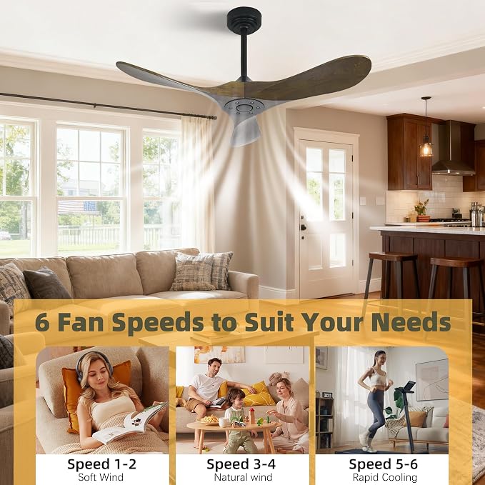 Outdoor Ceiling Fan Without Light, 42Inch Smart Ceiling Fan with Remote & Voice Control for Compatible with Alexa/Google, 3-Blade Wood Fan, Quiet DC Motor, 6 Speeds for Patio, Porch, Farmhouse